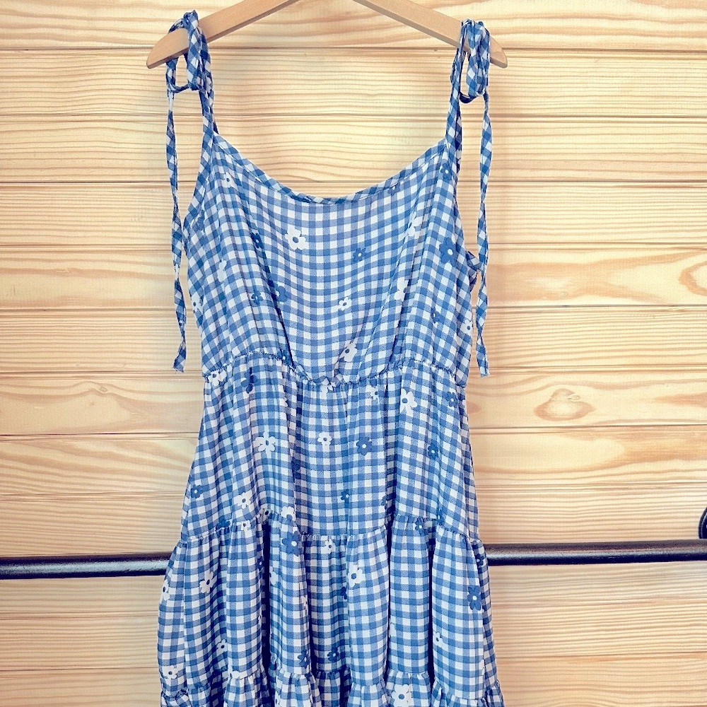 Altar'd State Alaina Mini Ruffle Dress Blue & White Gingham Daisy Flowers Sz XS - Picture 2 of 9